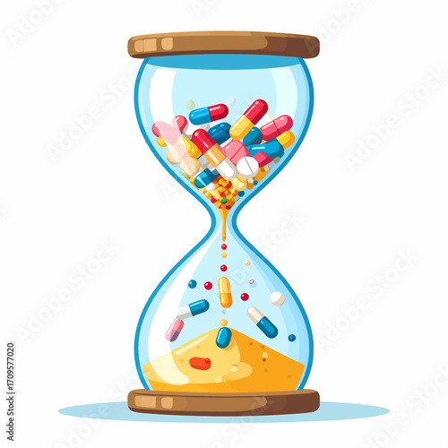 An hourglass filled with colorful pills and capsules, symbolizing the passage of time and medication.