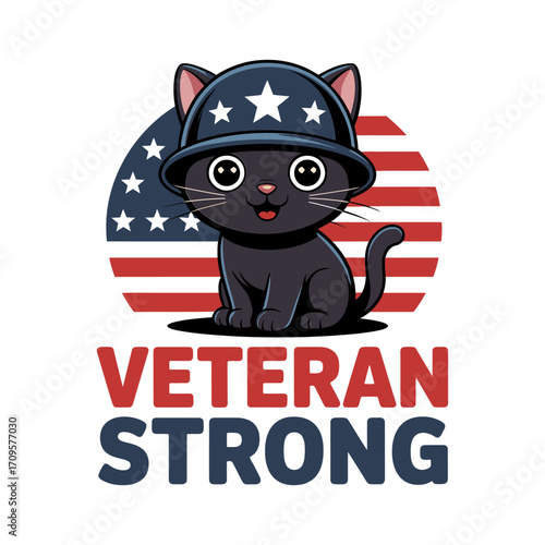 Black cat with patriotic background, veteran strong character illustration, bold national pride design, celebration vector, holiday tribute creative artwork