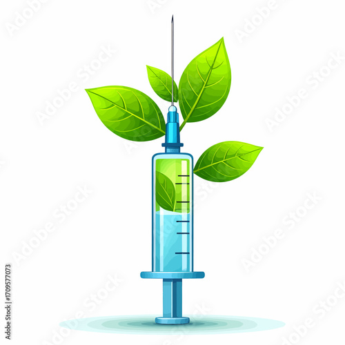 Syringe with leaves, representing natural medicine.