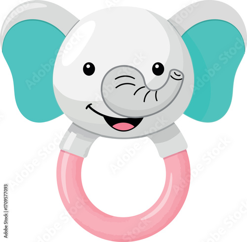 Cute cartoon elephant baby rattle with pink ring and teal accents, winking playfully.