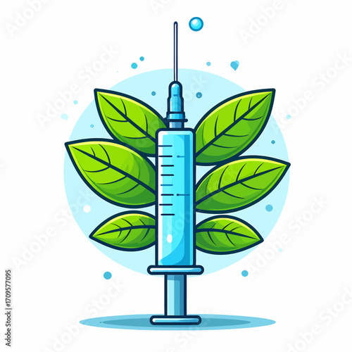 A syringe with a plant growing out of it, symbolizing natural medicine or scientific research in botany.