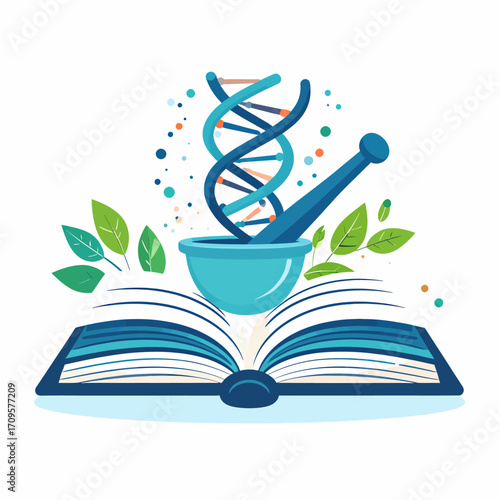 An open book with a DNA helix, mortar and pestle, and green leaves, symbolizing the intersection of science, nature, and knowledge.