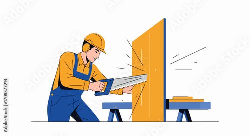 Man sawing wood, using a handsaw to cut a large wooden plank on a workbench. Construction worker performs manual labor, man sawing wood with precision and care for building project.