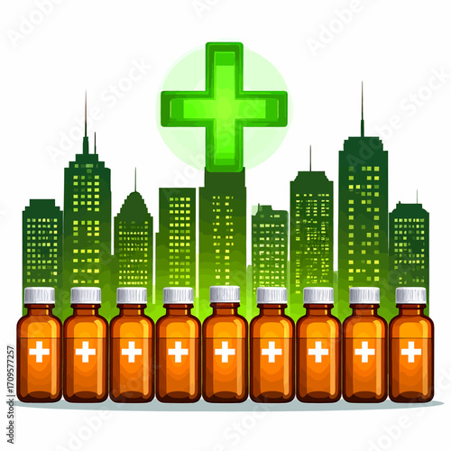Cityscape with medical bottles and a green plus symbol, suggesting urban healthcare.