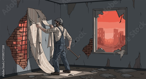 Worker performing room demolition, stripping wallpaper from brick wall in abandoned room. Demolition worker wears hard hat, overalls, holding hammer near broken window,
