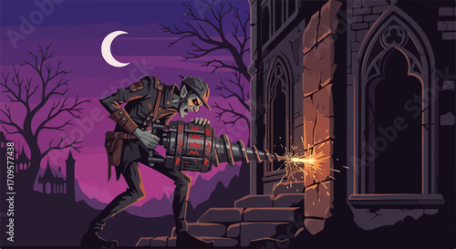 Dark pixel art horror scene depicts skeletal figure operating large drill, sparks flying against gothic building facade. Nighttime pixel art horror features zombie like creature under crescent moon,