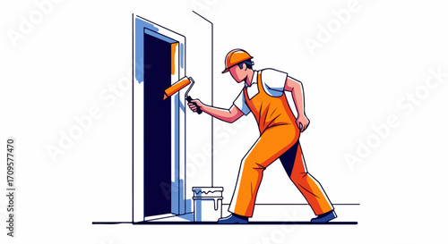 Man working on home renovation, painting door frame with roller. Worker wearing protective hard hat and overalls, diligently performing home renovation task.