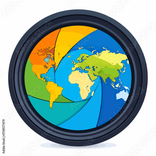 A stylized camera lens aperture revealing a colorful world map with continents in vibrant hues.
