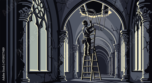 Gothic architecture hall shows ongoing repairs, with worker on ladder inside grand space. Ongoing repairs are visible as worker performs maintenance, while large Gothic windows give access to light.