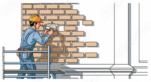Construction worker laying bricks on scaffolding, building exterior wall with mortar application. Professional masonry work for building facade, construction industry concept.