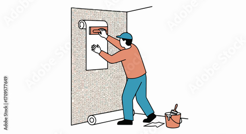 Wallpapering session with paper and paste, application on walls for interior decor projects. Wallpapering process includes smooth application, paste application, and pattern alignment.