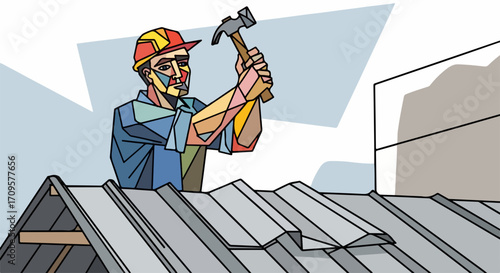 Worker engaged in roof repair, wearing safety hard hat and hammering metal sheets onto sloped building roof. Professional roof repair person demonstrates skill and focus on construction project.