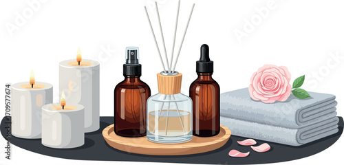 Relaxing spa scene with lit candles, aromatherapy diffuser, and stacked towels with a rose.