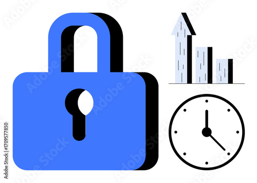 Blue lock, clock, and upward bar graph visualizing security, productivity, growth efficiency. Ideal for business, cybersecurity, time management, finance data protection analytics simple landing