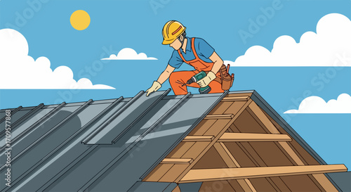 Skilled worker performing roof repair on house roof structure. Man in hard hat and overalls installs metal sheets, ensuring proper roof repair for building protection.