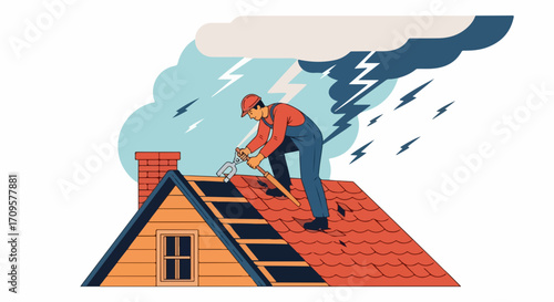 Roof repair with worker fixing shingles during stormy weather conditions. Roof repair requires safety and skill for handling heavy rain and lightning strikes.