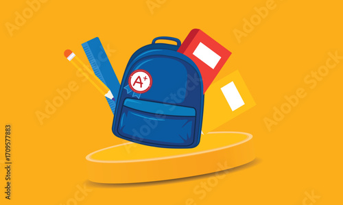 Flat design illustration of back-to-school bag elements, isolated on a clean background, featuring a backpack, books, and stationery, symbolizing preparation for the new school year.