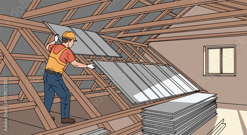 Worker installing attic insulation panels inside unfinished roof space. Attic insulation process involves careful placement of material between wooden beams, ensuring proper thermal barrier.