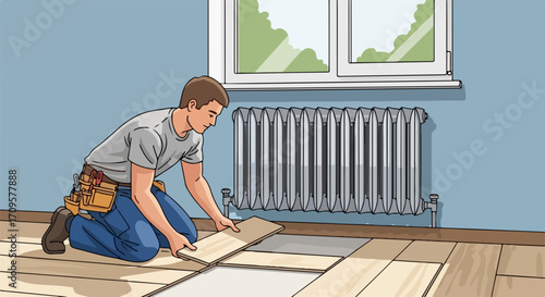 Home renovation features man kneeling installing wood floor. Home renovation project involves laying hardwood boards near a radiator in room.