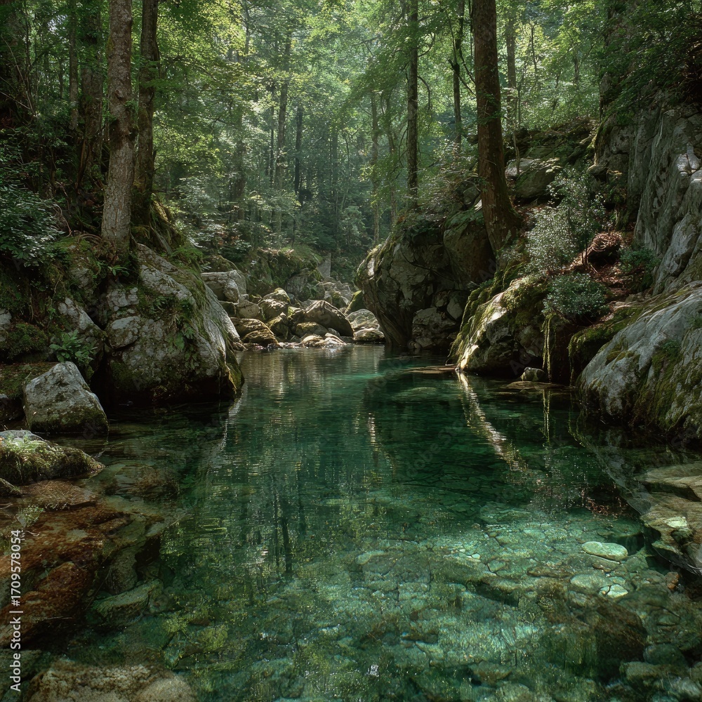 Fototapeta premium Crystal-clear stream flowing through a mossy, verdant forest. Tranquil, serene scene