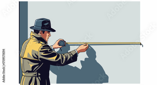 Detective measuring wall with tape measure. Private investigator using measuring tape for crime scene investigation.  Professional detective work for police investigation or insurance claim.