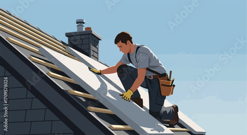 Roof repair worker installing new roofing insulation on house roof. Skilled professional carefully places insulation board on roof structure.