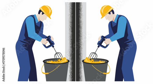 Construction worker mixing plaster in bucket using electric mixer. Construction worker prepares plaster mixture for wall repair.