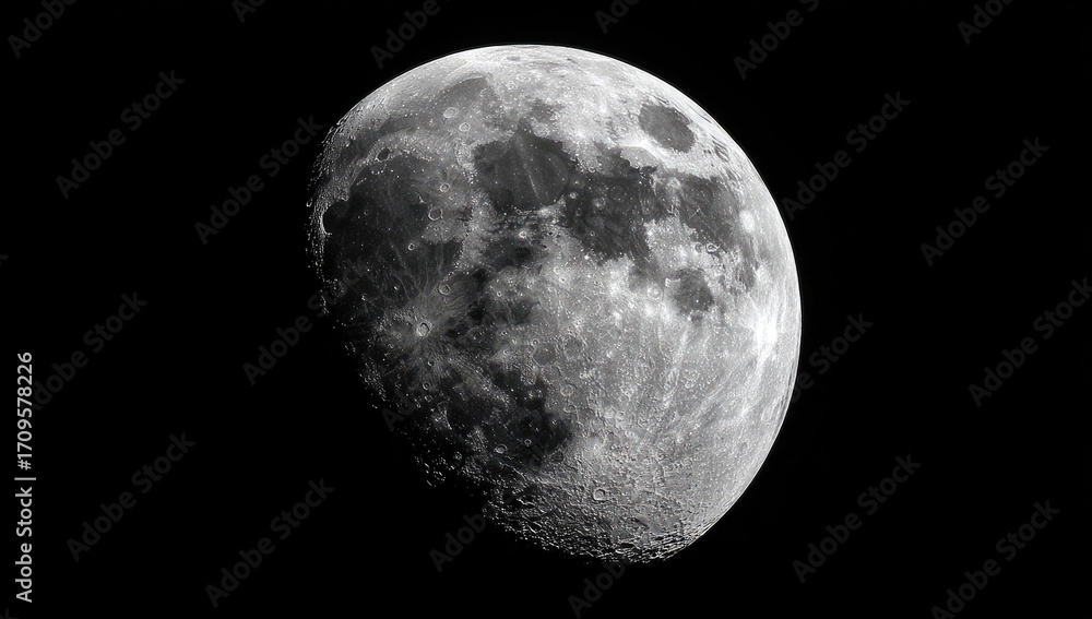 Obraz premium Close-up view of a gibbous moon against a black background. Detailed cratered surface visible