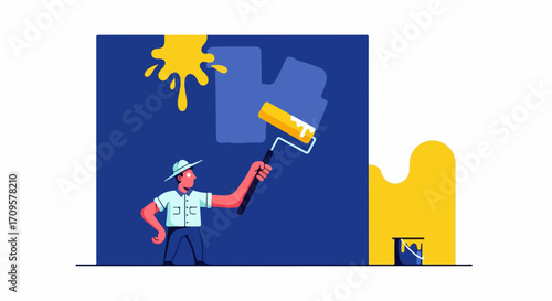 Home renovation project with painter using paint roller and yellow paint. House painting includes man applying fresh coat of blue paint on wall. Concept home improvement for blogs and websites.