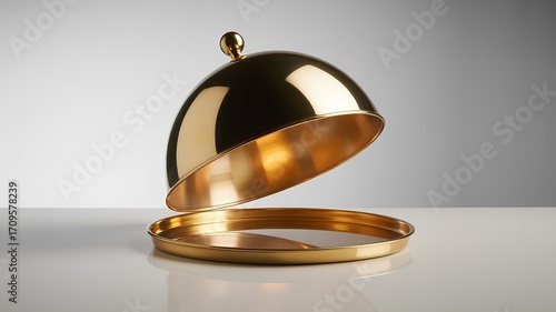 Elegant ajar gold cloche with  a tray for serving hot dishes on an isolated light background with free space for text. A symbol of luxury, haute cuisine, and exclusive restaurant service.