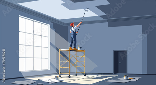 Room renovation painting ceiling with roller and scaffolding. Painter working on interior project in empty room with large window. Fresh paint job in new house preparation.