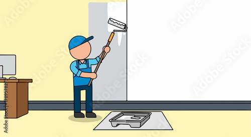 Home improvement project with painter using paint roller and tray. Painting interior wall using paint roller, professional painter at work.