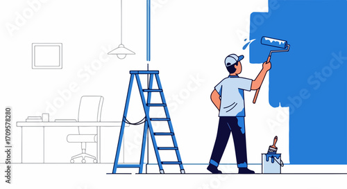 Painter painting wall blue in office space. Professional painter uses paint roller and paint bucket. Home renovation concept for interior design blogs and websites.