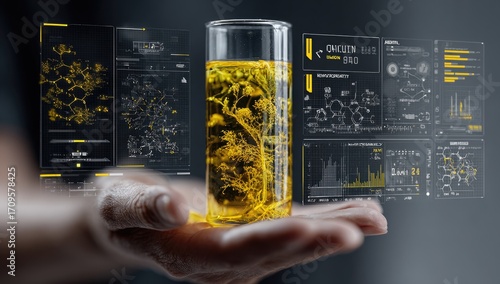 Hand holding a clear glass cylinder filled with a golden liquid, surrounded by overlaid scientific data visualizations