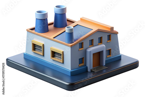Miniature 3d industrial factory building with cooling towers for modern projects isolated on transparent background