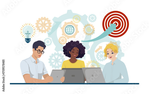 Vector illustration of a diverse team collaborating on digital devices, focusing on innovation and teamwork. Conceptual gears and target symbols highlight creative problem-solving.