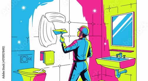 Bathroom renovation with worker applying plaster. Home improvement project includes wall repair and fresh coat of paint.  Bright bathroom renovation concept for blogs and websites.