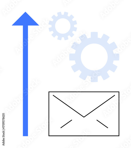 Upward arrow, gears, and envelope symbolizing email efficiency, workflow optimization, progress. Ideal for business, innovation, technology marketing strategy growth. Simple flat metaphor