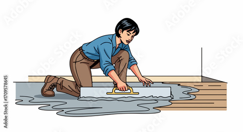 Construction worker spreads mortar, applies mortar on floor with trowel, preparing for tiling. Construction worker is focused on floor covering, creating strong base for tiles.