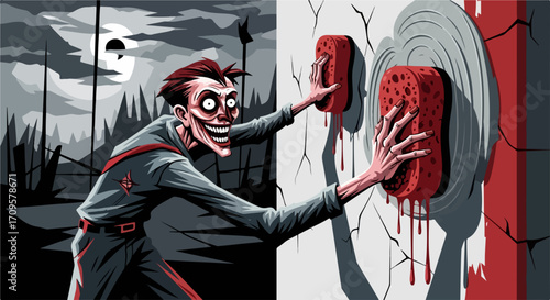 Deranged man cleaning blood from wall with sponges illustrates crime scene. Cleaning scene shows deranged man, dark scene, and spooky look.