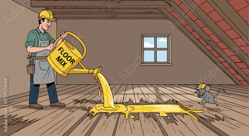 Cartoon worker fixing floor with floor mix, filling a hole, as cute mouse watches with interest. Floor repair depicted as worker pours solution into opening of wooden floor, cute mouse observing.