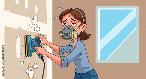 Sanding wall for a home renovation, woman uses a power sander with respirator for sanding wall. Person protects lungs during sanding wall for remodel and improvement. Sanding wall creates a mess,