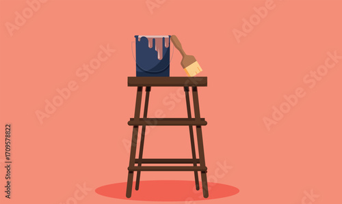 Flat design illustration of a paint bucket and brush placed on a ladder, symbolizing home improvement, DIY projects, and creativity, with a clean, minimalistic layout.