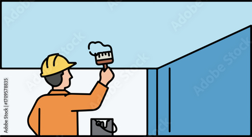 House painting project showing a worker with a brush applying paint to a ceiling in this house painting scene. House painting job illustrated with a construction worker holding brush and can,