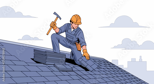 Construction worker installing roofing tiles on rooftop with hammer. Roofing tiles installation includes skilled laborer, safety helmet, and overall craftsmanship.