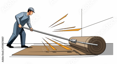Man rolling carpet onto the floor, he is rolling carpet in new apartment, his task is to install carpet on floor. He unrolls carpet, working and rolling carpet to perfectly fit apartment space,