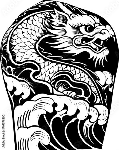 SVG tattoo design inspired by traditional Japanese Irezumi (Wabori) style. Traditional Dragon Design with Waves in Black and White Art