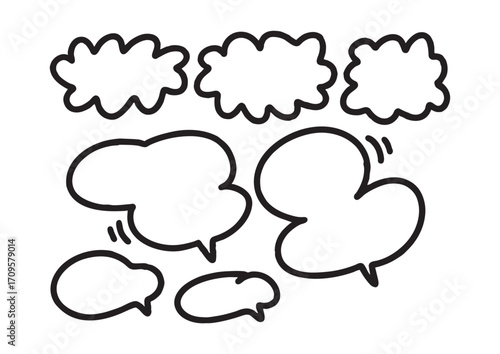 A collection of hand-drawn doodle style speech bubbles and thought clouds, perfect for expressing dialogue and ideas in comics or designs