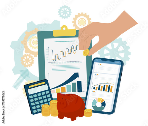 Vector illustration depicting financial growth through charts, a smartphone, calculator, and piggy bank. A hand places coins, symbolizing investment and savings management.