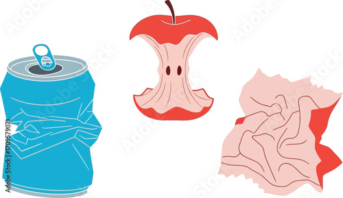 Discarded aluminum can, apple core, and crumpled paper representing waste and recycling concepts.